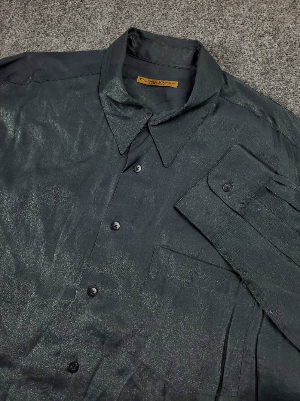 Donna Karan Satin Shirt XL Gray Silky Long Sleeve Chest Pocket Button Front